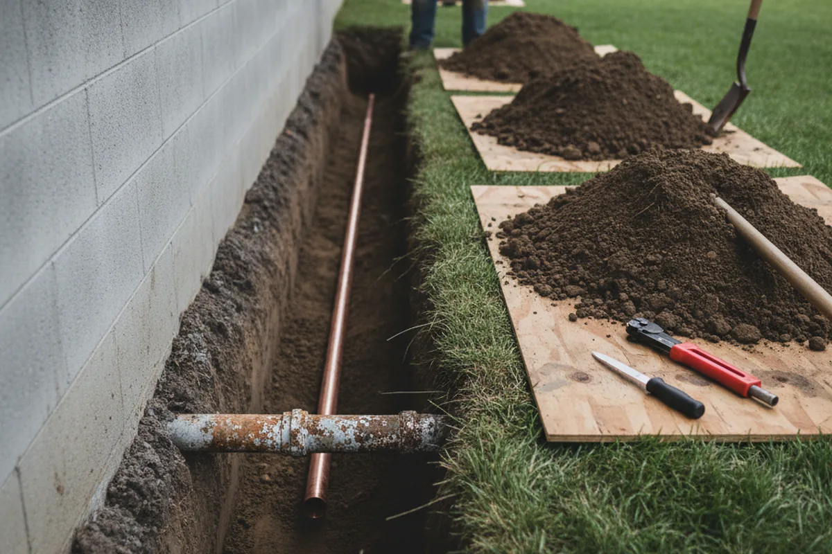Excavated water line trench during Water Softener Installation in Wall